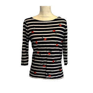 J Crew Women's Blouse Size M Striped Top with Cherries Red White and Blue Cotton